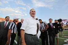George W. Bush in a white shirt in a football stadium during his 'Jews For Jesus' speech