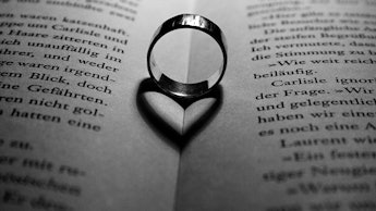 A ring put between two pages of a book with its shadow forming a heart shape