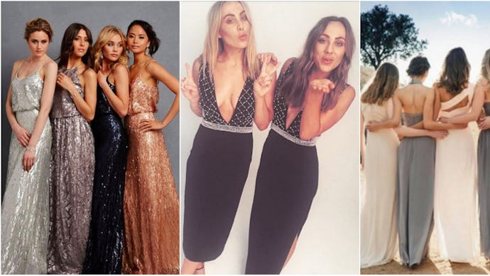 Collage of bridesmaids posing in dresses