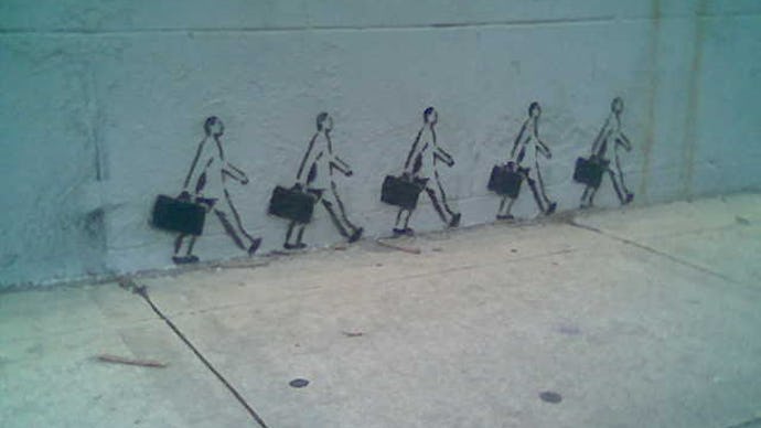 A concrete wall with an graffiti-like illustration of 5 politicians walking with suitcases