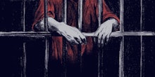 An illustration of a man behind bars with his hands poking out