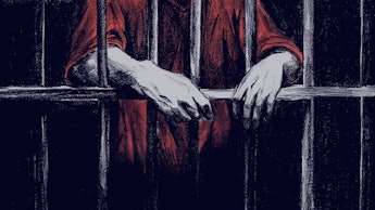 An illustration of a man behind bars with his hands poking out