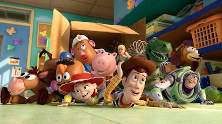 A scene from Toy Story 4 film with all characters on the floor