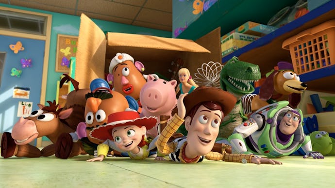 A scene from Toy Story 4 film with all characters on the floor