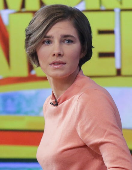 Amanda Knox with a short hair, wearing a pink t-shirt during an interview on ABC's 'Good Morning Ame...