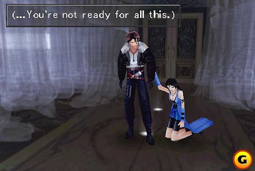A screenshot from the video game 'Final Fantasy VIII' during a dialogue scene