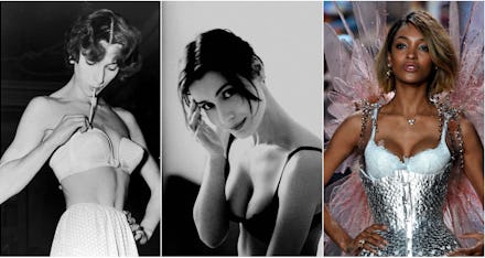 Three women from different eras wearing various types of bras