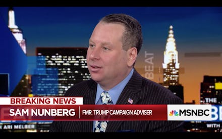 Sam Nunberg in a suit giving an interview on msnbc
