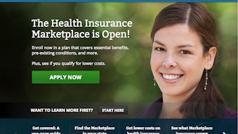 The interface of HealthCare.gov with a photo of a woman with the text "The Health Insurance Marketpl...