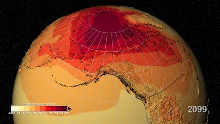 NASA's graphic of the Earth in 2099 after climate change with a heat map