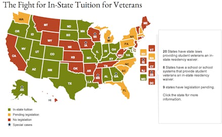 A map that shows which states are best for student veterans