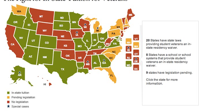 A map that shows which states are best for student veterans