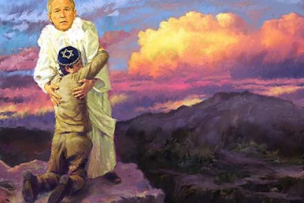 Illustration of George W. Bush dressed in robes holding a jewish boy