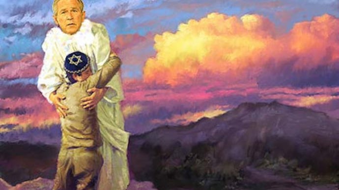 Illustration of George W. Bush dressed in robes holding a jewish boy