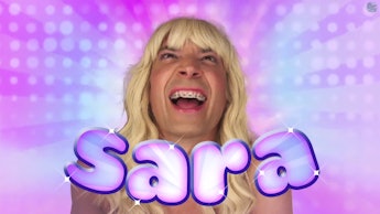 Jimmy Fallon dressed as 'Sara' in a sketch with Will.I.Am. for the Tonight Show