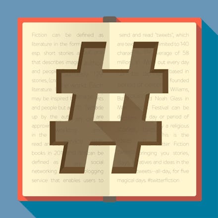 Illustration of a hashtag engraved on an open book