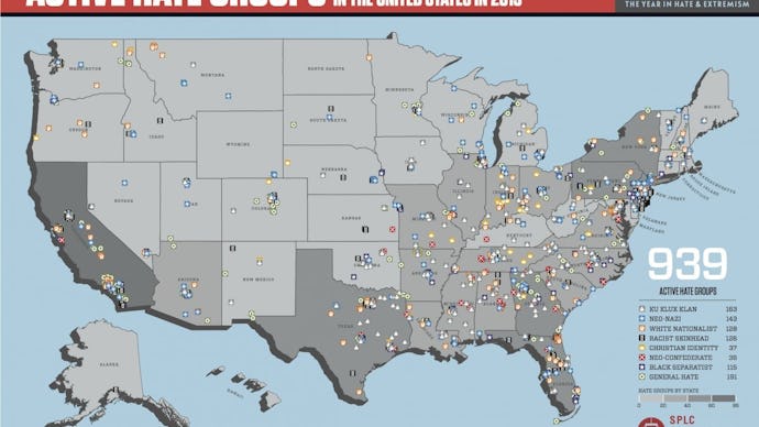 A map showing the 939 active hate groups in the United States