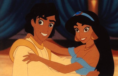 Scene of Aladdin and princess Jasmine holding each other from Aladdin 