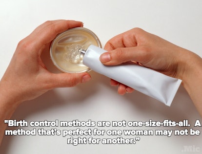 A woman squeezing gel out of a tube a text about how birth control methods are not one-size-fits-all