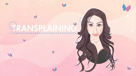Transplaining logo showing a woman in front of a wavy pink background with blue and purple butterfli...