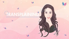 Transplaining logo showing a woman in front of a wavy pink background with blue and purple butterfli...