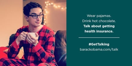 A man in a onesie drinking from a cup and the text 'Wear pajamas. Drink hot chocolate. Talk about ge...