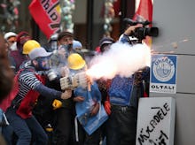 A group of protesters wearing mask in Turkey