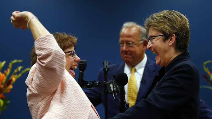 Two women getting married, due to the marriage equality that is changing the GOP