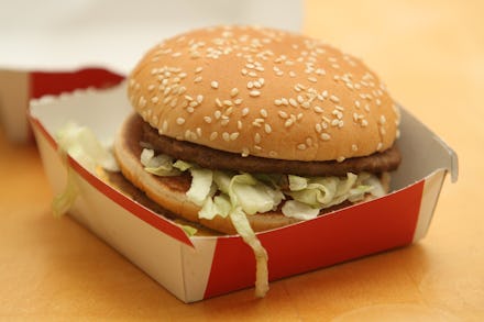 A McDonalds burger in a carton box