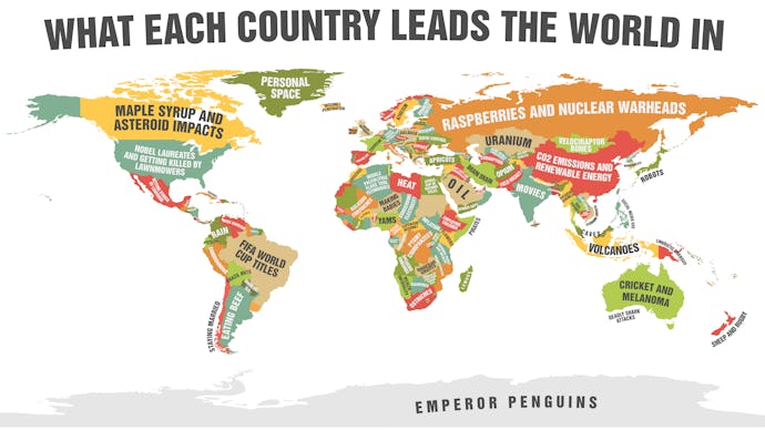 A map showing weird things each country leads in the world 