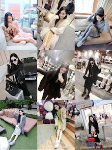 A collage with girls in China wearing slippers outside the house