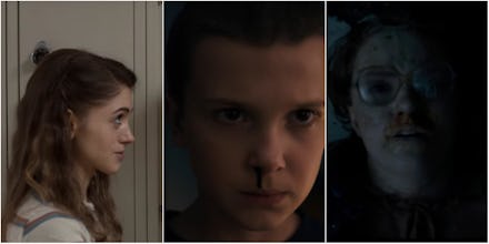 A three part collage of Nancy, Eleven, and Bard from 'Stranger Things'
