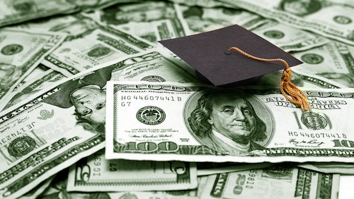 A pile of dollar bills and an academic cap on top of it representing the student debt survival guide