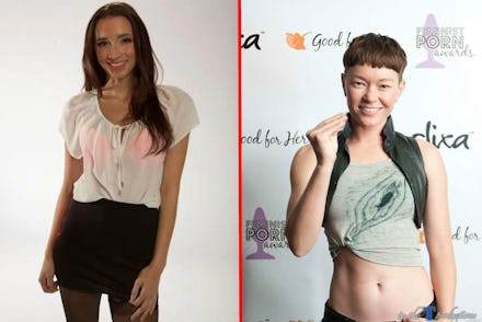Belle Knox and Jiz Lee posing at a red carpet event