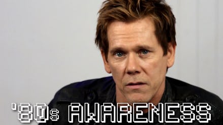 Full-profiled Kevin Bacon and "'80s awareness" text