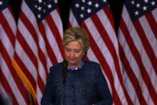 Hillary Clinton during her speech in front of US flags