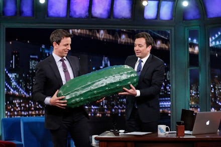 Jimmy Fallon passing the ‘Late Night’ pickle to Seth Meyers