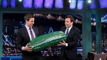 Jimmy Fallon passing the ‘Late Night’ pickle to Seth Meyers