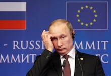 Vladimir Putin at a press conference after seizing Crimea 