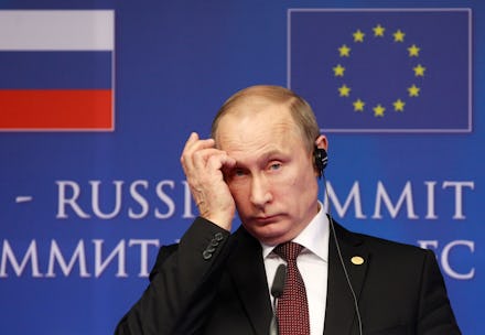 Vladimir Putin at a press conference after seizing Crimea