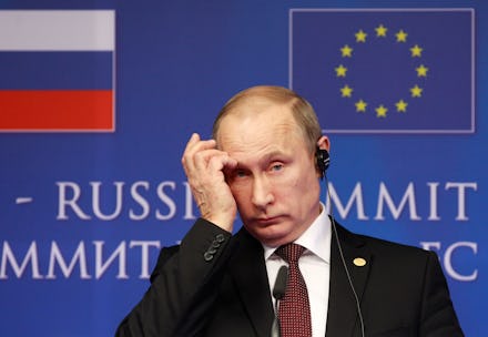 Vladimir Putin at a press conference after seizing Crimea 