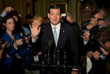 Ted Cruz, U.S. Senator from Texas, speaking at the press conference with journalists surrounding him