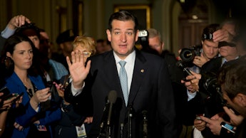 Ted Cruz, U.S. Senator from Texas, speaking at the press conference with journalists surrounding him