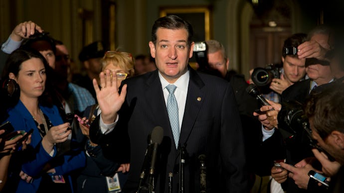 Ted Cruz, U.S. Senator from Texas, speaking at the press conference with journalists surrounding him