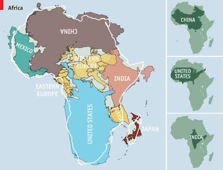 A map showing how big africa is by placing other countries inside of it