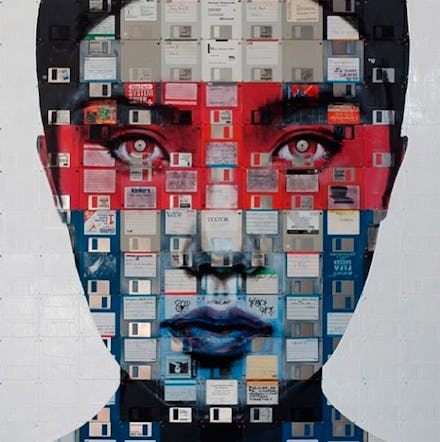 An abstract collage portrait of a woman with various screenshots over he face in different colors