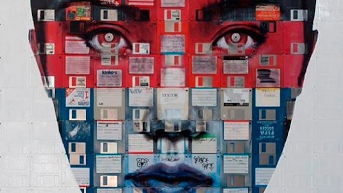 An abstract collage portrait of a woman with various screenshots over he face in different colors