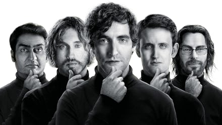 The cast of silicon valley posing in black turtlenecks holding their chins like steve jobs