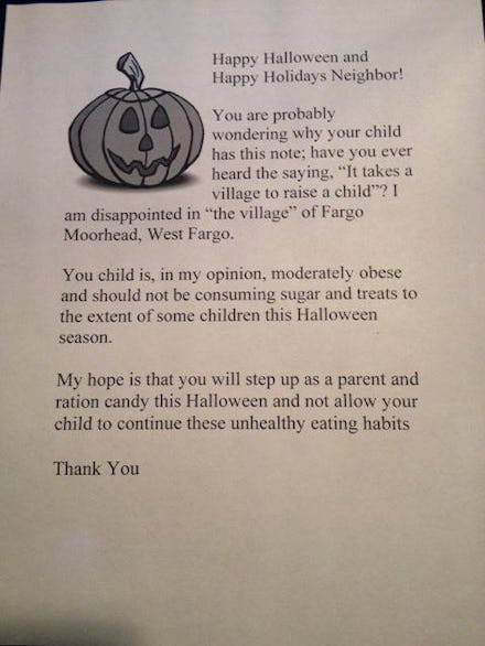 The fat shaming letter the cruel woman handed to kids instead of candy on Halloween