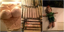 A collage of fake breasts, cassette tapes, and Peter Pan plush toy from the Museum of Broken Relatio...